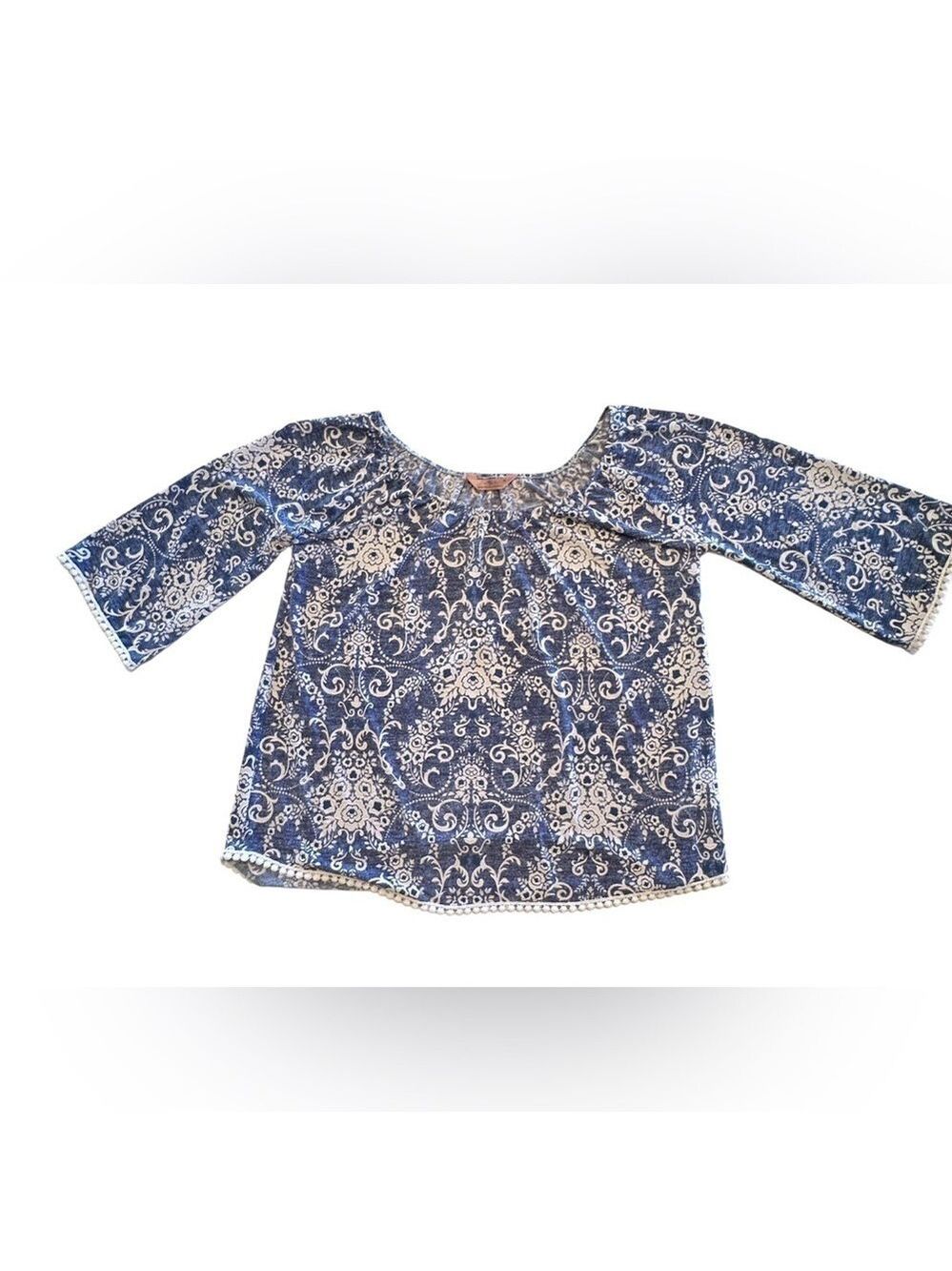 SJS Casual Floral Summer Tunic Top Womens Medium Elastic Neckline & Bell Sleeves